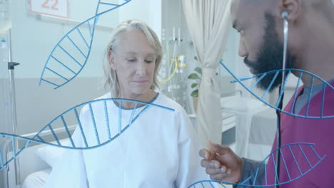 Animation-of-dna-strands-over-diverse-male-doctor-using-stethoscope-on-senior-female-patient