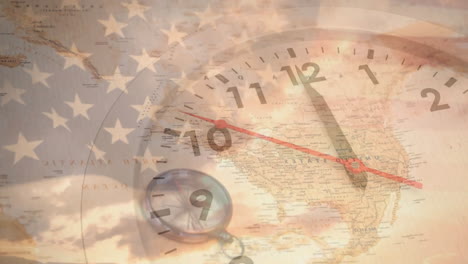 Animation-of-fast-moving-hands-on-clock-over-american-flag,-map-and-sunset-sky