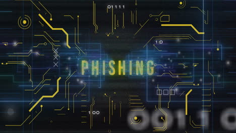 Animation-of-phishing-text-over-motherboard,-interface-screens-and-processing-data-on-black