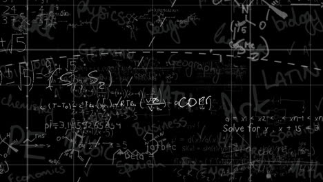 Animation-of-mathematical-equations-over-texts-on-black-background