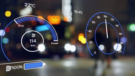 Animation-of-electric-car-dashboard-and-data-processing-over-city-lights