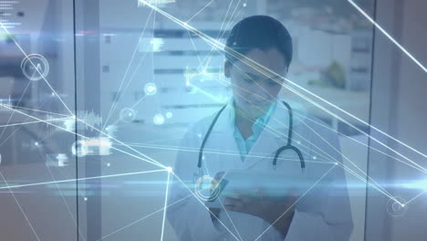 Animation-of-network-of-connections-over-biracial-female-doctor-using-tablet