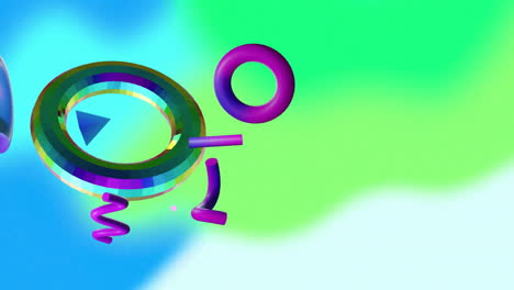 Animation-Rotierender-Ringe-Und-Stäbe-über-Unscharfem-Abstraktem-Grünem-Und-Blauem-Hintergrund
