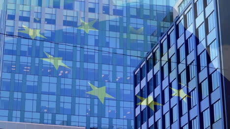 Animation-Der-Flagge-Von-Großbritannien-Und-Der-EU-über-Einem-Modernen-Bürogebäude