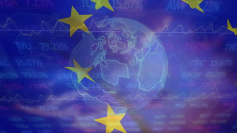 Animation-Der-Verarbeitung-Finanzieller-Daten-über-Dem-Globus-Und-Der-Flagge-Der-Europäischen-Union