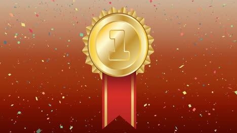Animation-of-confetti-over-golden-medal-on-red-background
