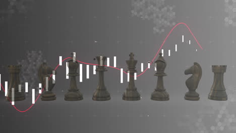 Animation-of-graph-processing-data-over-chess-pieces-on-grey-background