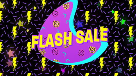 Animation-of-flash-sale-text-in-with-lightning-bolts-and-colourful-stars-on-black