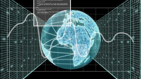 Animation-of-global-network-and-processing-data-interface-screens-on-black-background