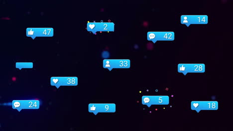 Animation-of-social-media-like-and-love-notifications-and-colourful-lights-on-black-background