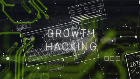 Animation-Der-Growth-Hacking-Text--Und-Datenverarbeitung-über-Ein-Netzwerk-Von-Verbindungen-Auf-Schwarzem-Hintergrund