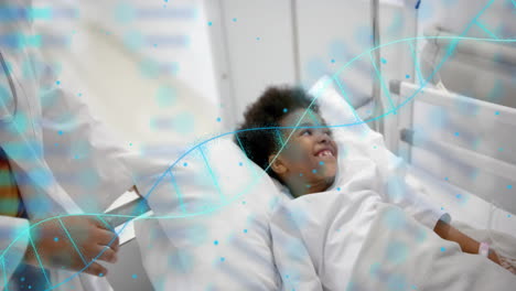 Animation-of-dna-strands-over-african-american-female-doctor-pushing-girl-patient-in-hospital-bed