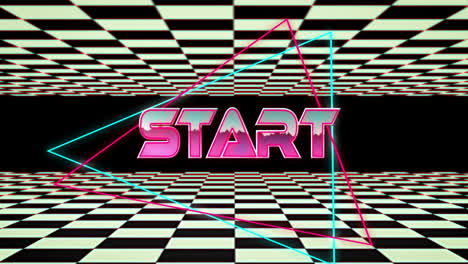 Animation-of-start-text-in-pink-metallic-letters-over-black-and-white-squares-moving-on-black