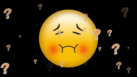 Animation-of-embarrassed-emoji-icon-with-question-marks-on-black-background