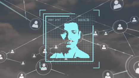 Animation-of-biometric-photo-and-network-of-connections-with-icons-over-clouds