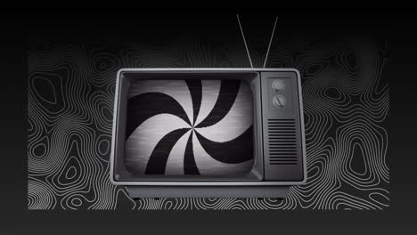 Animation-of-rotating-radial-black-and-white-stripes-on-retro-tv-over-black-and-white-contour-lines