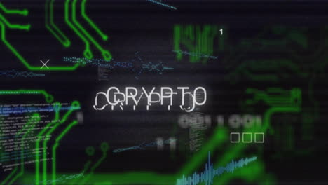 Animation-of-circuit-board,-crypto-text-and-data-processing-over-black-background