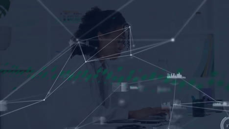 Animation-of-network-and-data-processing-over-biracial-female-doctor-using-laptop-at-hospital