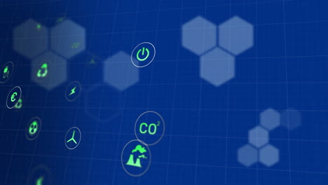 Animation-of-eco-icons-and-data-processing-over-blue-background