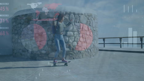 Animation-Von-Globus-Und-Symbolen-über-Kaukasischer-Frau-Auf-Skateboard