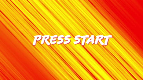 Animation-of-press-start-text-in-white-letters-over-diagonal-yellow-light-beams-on-red-background
