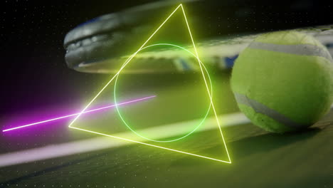 Animation-of-colourful-circle,-triangle-and-square-scanning-tennis-ball-and-racket-on-grass-court
