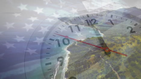 Animation-of-fast-moving-hands-on-clock-over-american-flag-and-landscape