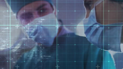 Animation-of-data-processing-over-diverse-male-and-female-surgeon-working-in-operating-theatre