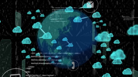 Animation-Des-Globus-Und-Der-Datenverarbeitung-Mit-Cloud-Symbolen,-Die-Daten-Auf-Schwarzem-Hintergrund-übertragen