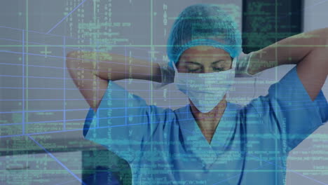 Animation-of-data-processing-over-caucasian-female-surgeon-putting-on-mask-in-operating-theatre