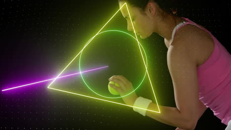 Animation-of-colourful-circle,-triangle-and-square-scanning-caucasian-female-tennis-player-with-ball
