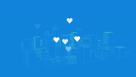 Animation-Von-Herzen-über-Digitalem-Stadtbild-Auf-Blauem-Hintergrund