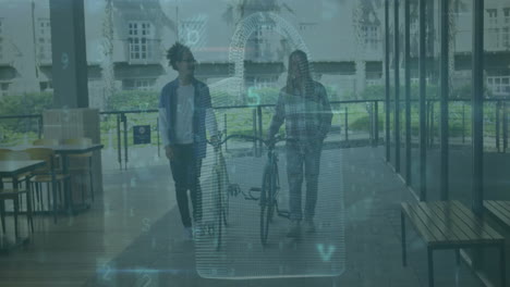 Animation-of-data-processing-with-padlock-icon-over-biracial-male-friends-walking-with-bicycles