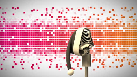 Animation-of-microphone-with-santa-claus-hat-over-red-squares-on-white-background