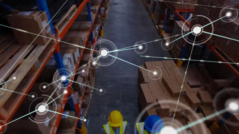 Animation-of-communication-network-over-diverse-workers-walking-through-warehouse