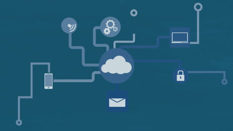 Animation-Des-Zentralen-Cloud-Symbols-Und-Des-Digitalen-Mediennetzwerks-Auf-Blauem-Hintergrund