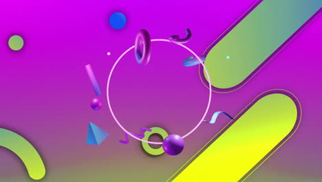 Animation-of-rotating-3d-shapes-over-yellow-and-green-capsules-and-circles-on-purple-background