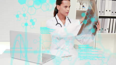 Animation-of-chemical-formula-and-data-processing-over-caucasian-female-doctor-holding-x-ray-scans
