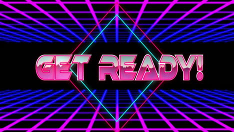 Animation-of-get-ready-text-in-pink-metallic-letters-over-pink-and-blue-grids-on-black