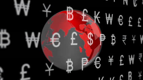 Animation-Von-Finanzwährungssymbolen-über-Dem-Globus