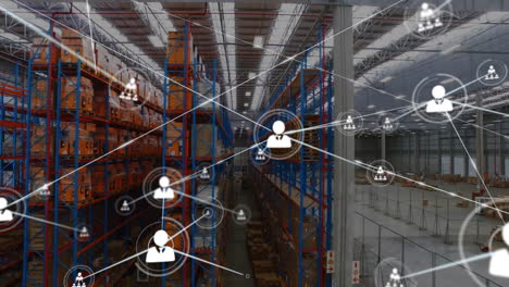 Animation-of-network-of-people-icons-over-goods-on-shelves-in-storage-warehouse