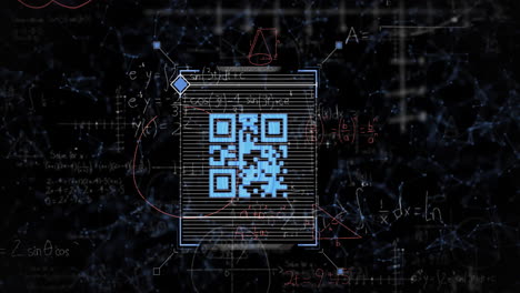 Animation-of-mathematical-equations-over-scanner-with-qr-code-on-black-background