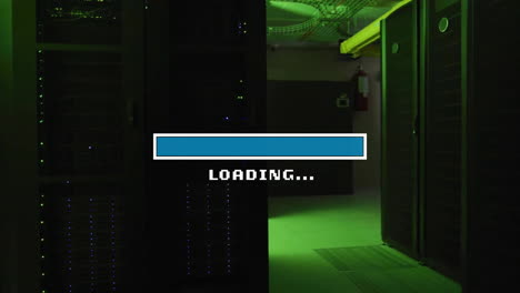Animation-of-loading-text-and-time-bar-over-dark-server-room