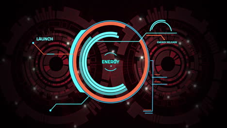 Animation-Der-Energie,-Startschnittstellenverarbeitung-über-Kreisförmigen-Scannern-Auf-Dunklem-Hintergrund