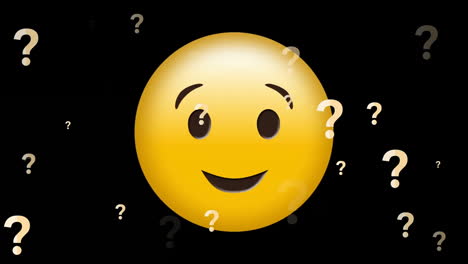 Animation-of-smiling-emoji-icon-with-question-marks-on-black-background