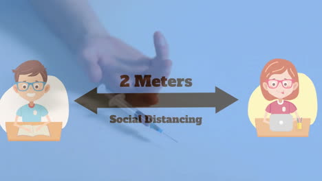 Animation-of-social-distancing-text-and-schoolchildren-icons-over-hand-holsing-syringe