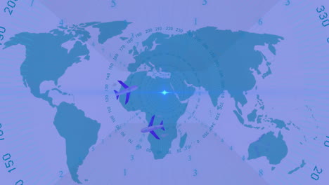 Animation-Von-Zahlen-In-Kreisen-Und-Ebenen-über-Einer-Weltkarte