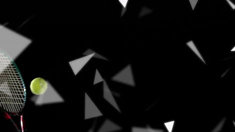 Animation-Von-Weißen-Dreiecken-über-Einem-Tennisschläger,-Der-Auf-Schwarzem-Hintergrund-Einen-Ball-Trifft