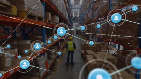 Animation-of-network-of-people-icons-over-goods-on-shelves-in-storage-warehouse