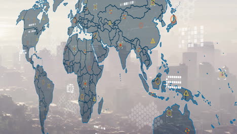 Animación-Del-Procesamiento-De-Datos-Financieros-Sobre-El-Mapa-Mundial-Y-El-Paisaje-Urbano